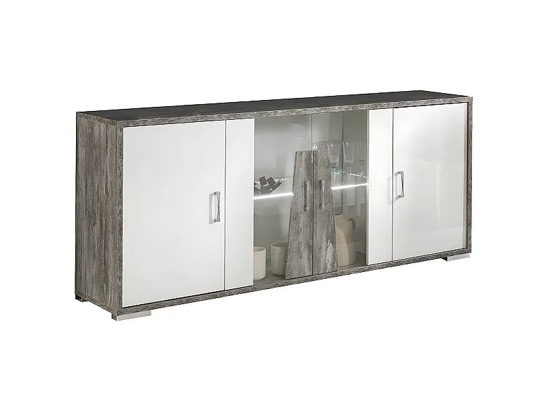 DENYS - Buffet 4 Portes Laqué Blanc et Effet Bois Taupe avec Led