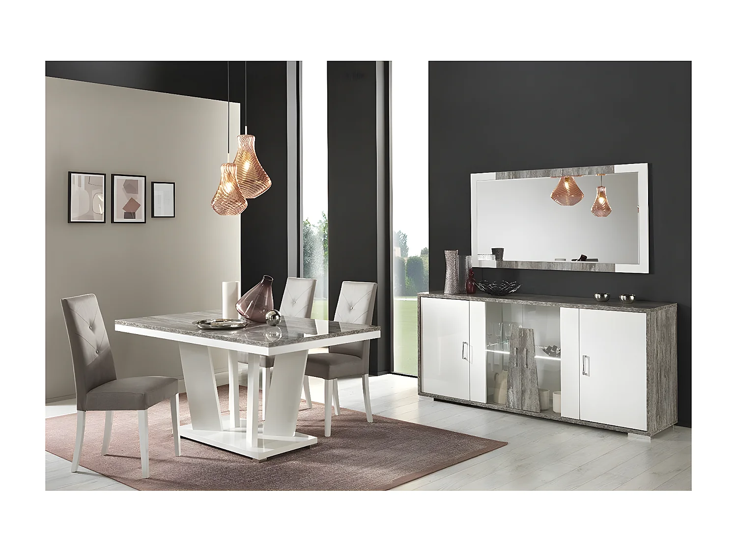 DENYS - Buffet 4 Portes Laqué Blanc et Effet Bois Taupe avec Led