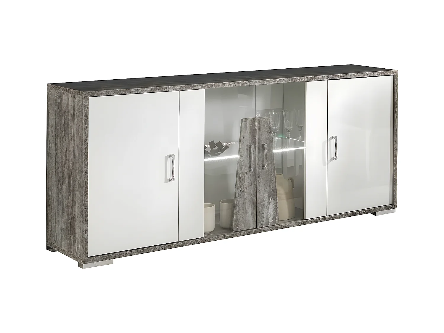 DENYS - Buffet 4 Portes Laqué Blanc et Effet Bois Taupe avec Led