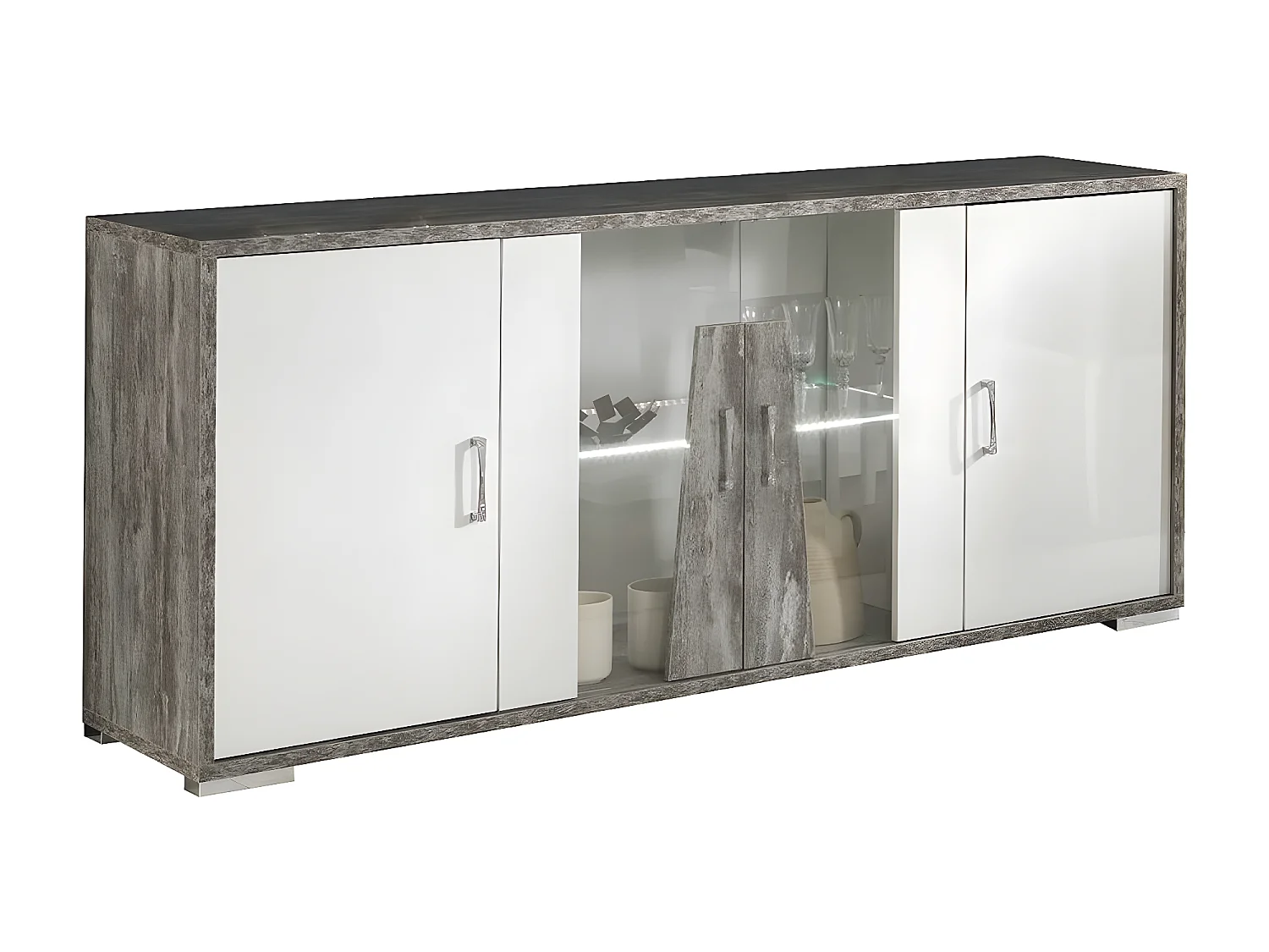 DENYS - Buffet 4 Portes Laqué Blanc et Effet Bois Taupe avec Led