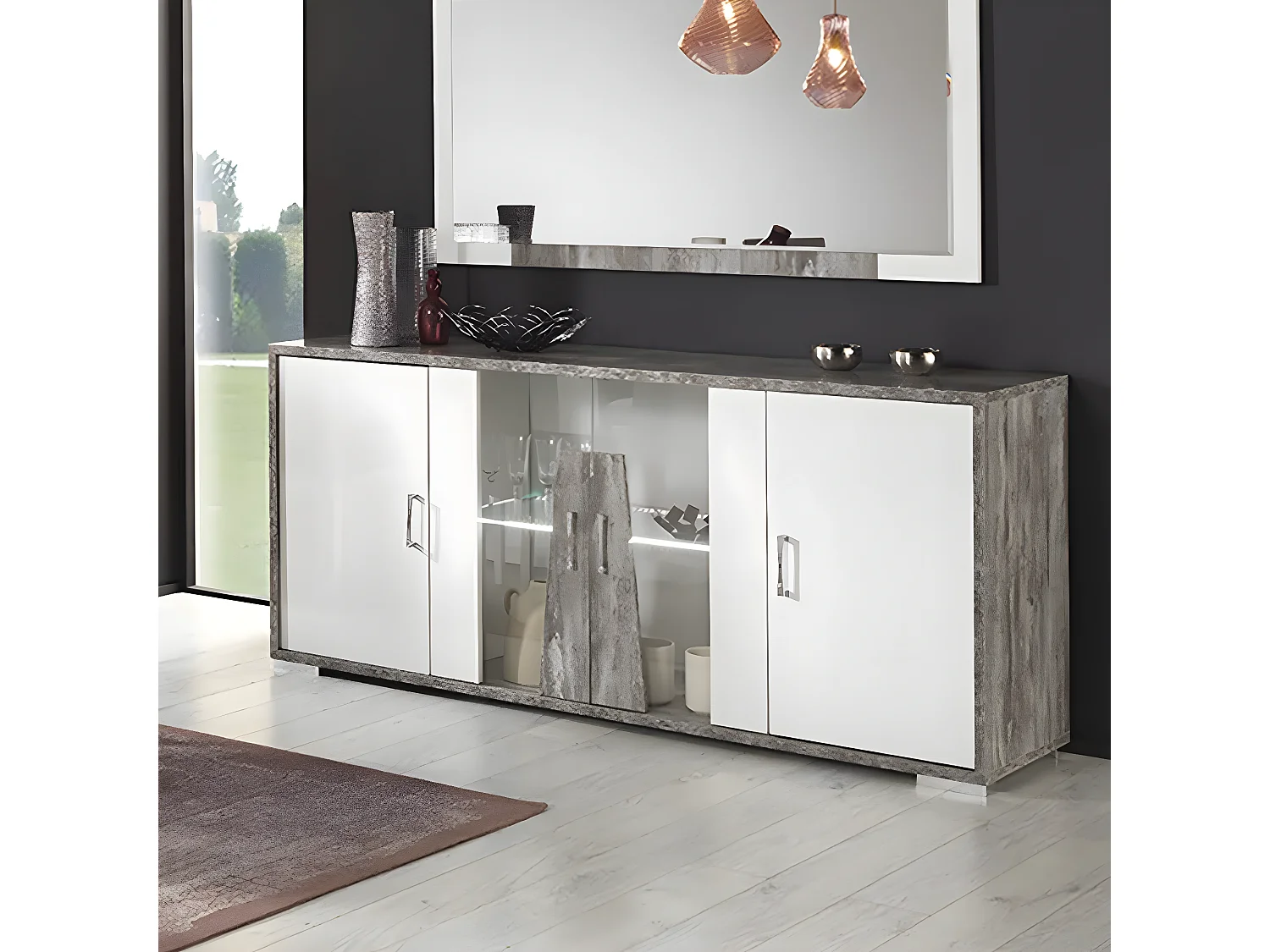 DENYS - Buffet 4 Portes Laqué Blanc et Effet Bois Taupe avec Led