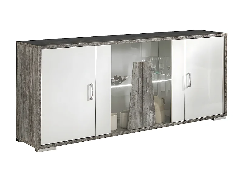 DENYS - Buffet 4 Portes Laqué Blanc et Effet Bois Taupe avec Led