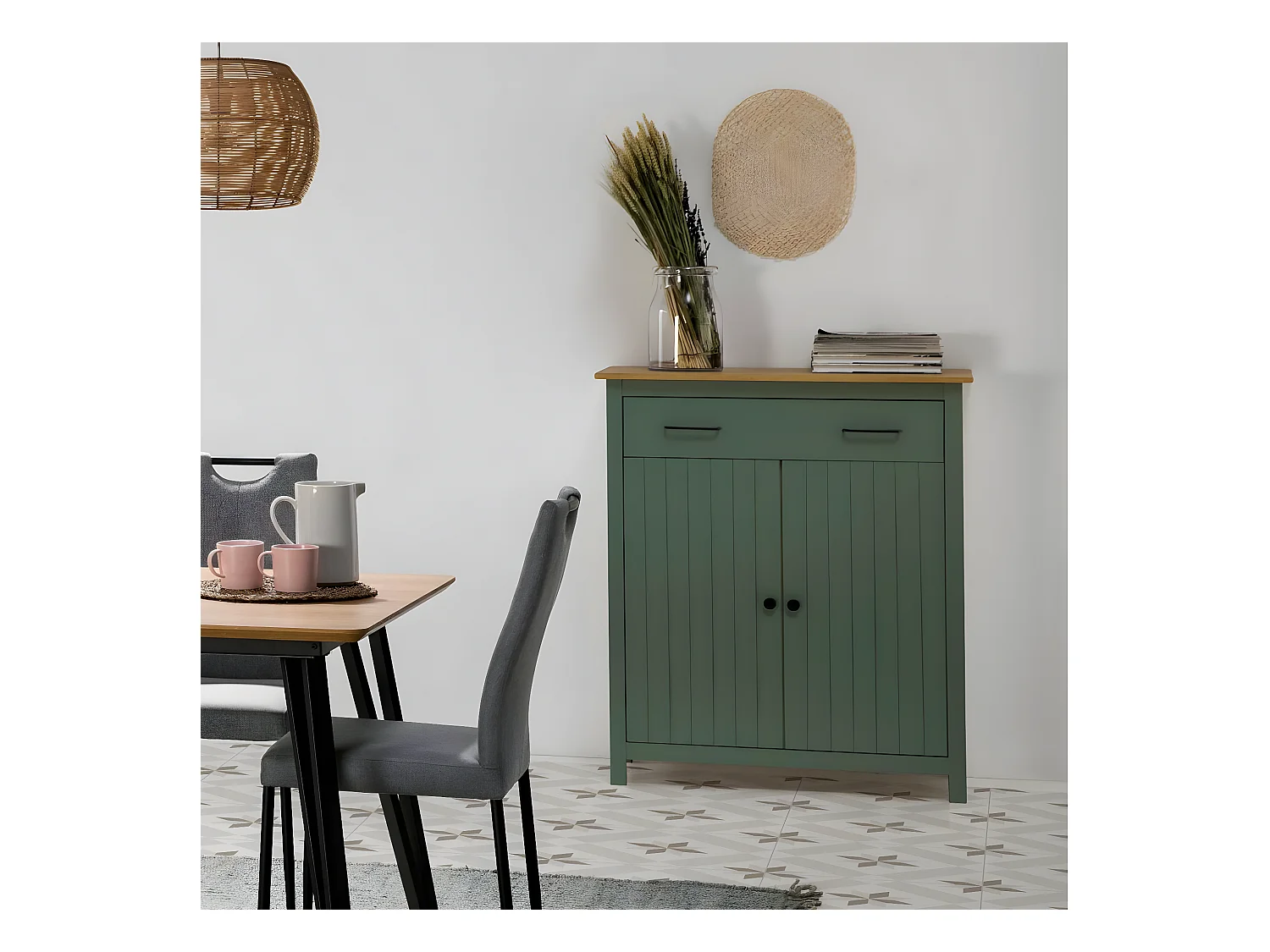 TINA - Meuble Haut 2 Portes 1 Tiroir Bois Ciré coloris Vert