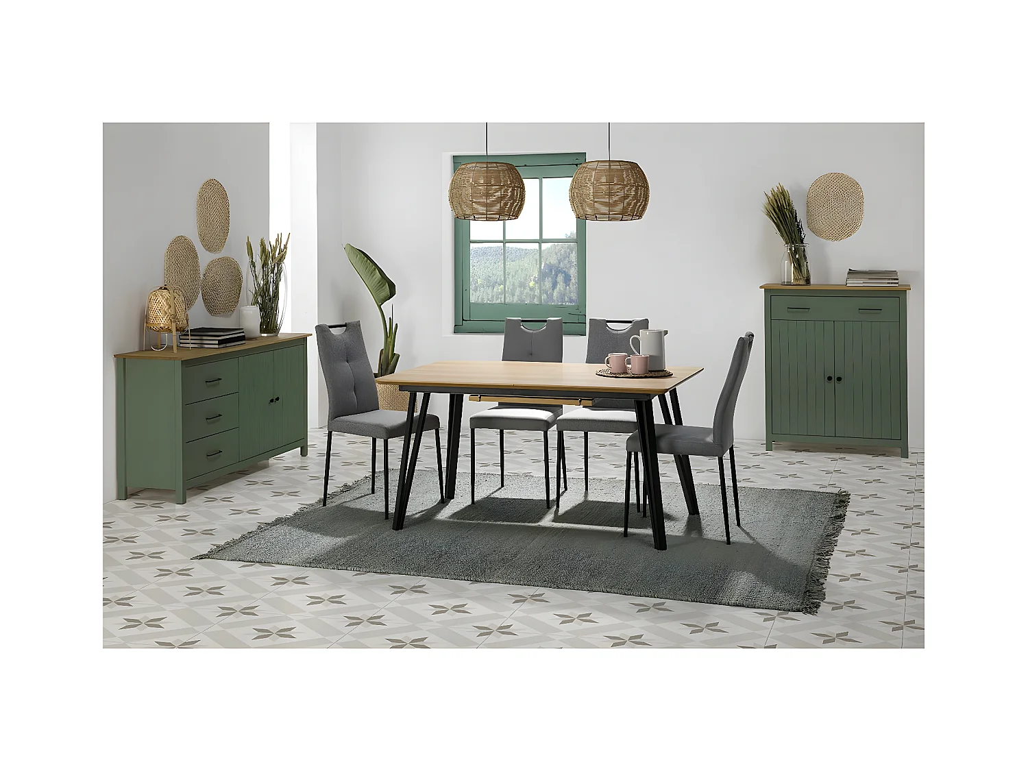 TINA - Meuble Haut 2 Portes 1 Tiroir Bois Ciré coloris Vert