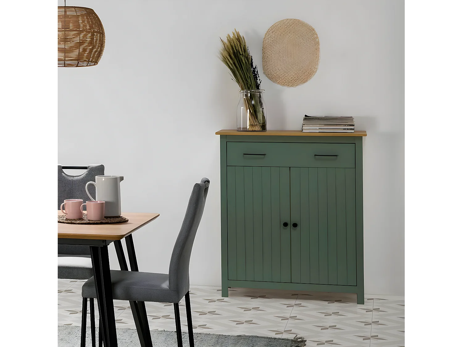 TINA - Meuble Haut 2 Portes 1 Tiroir Bois Ciré coloris Vert