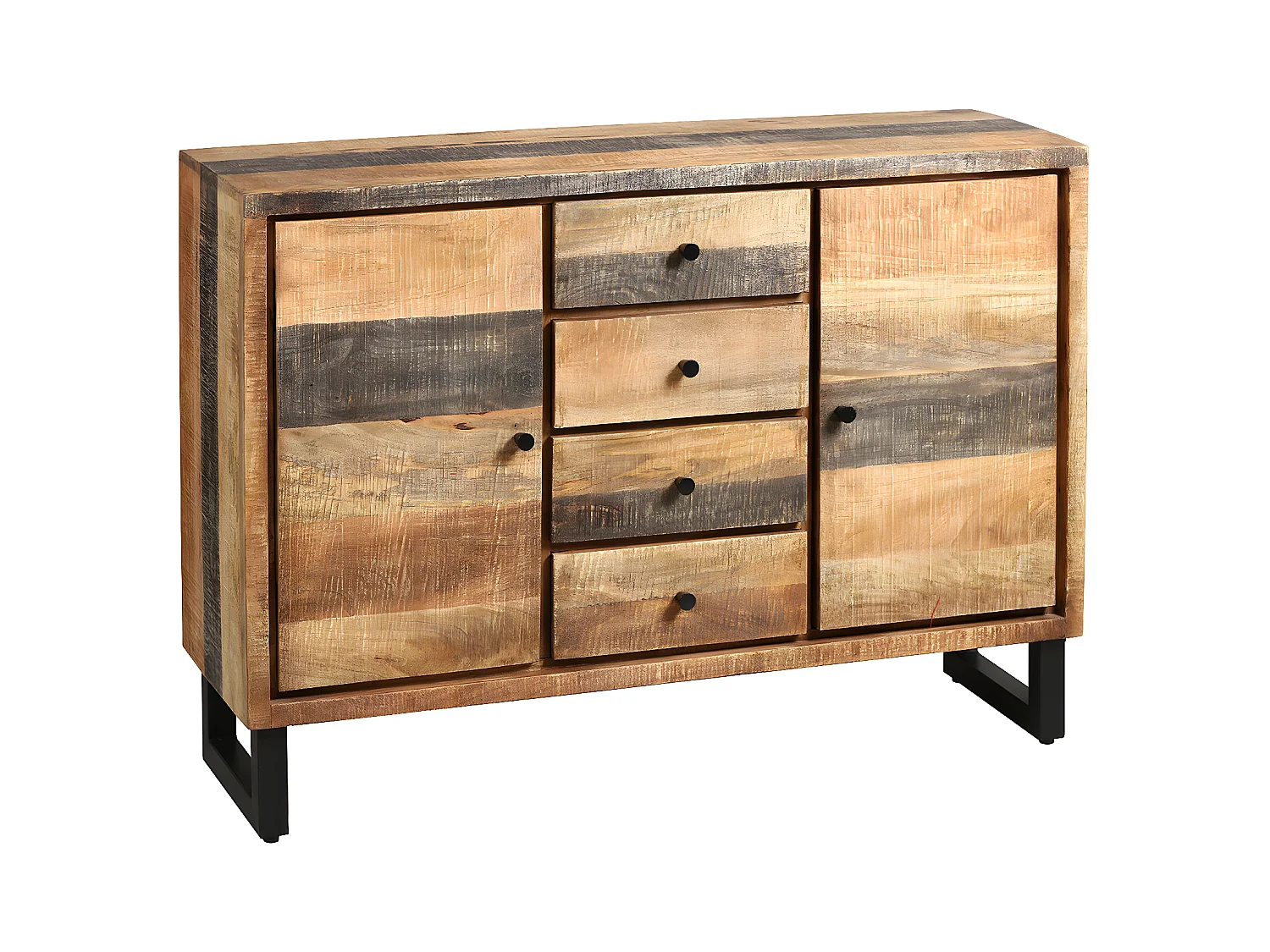 ODILON - Buffet 2 Portes 4 Tiroirs Acier et Bois Massif