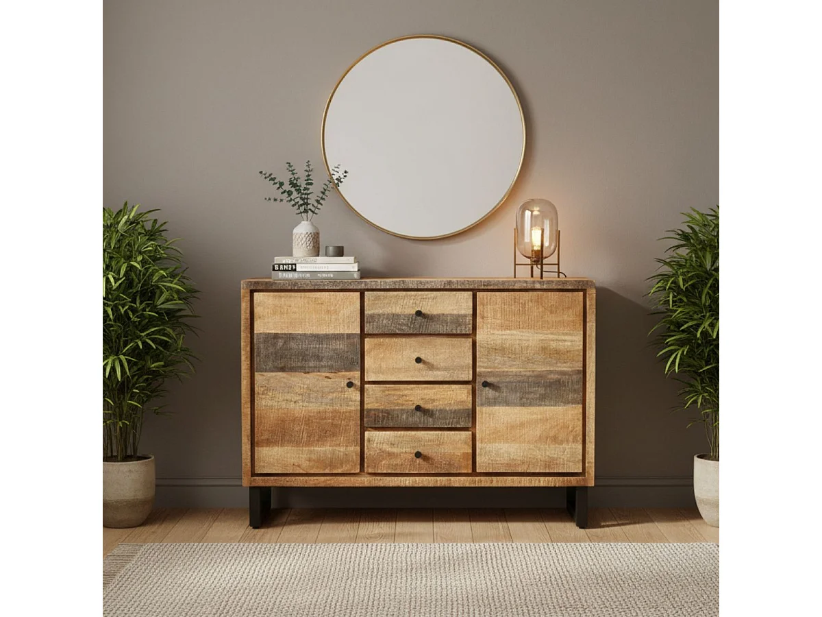 ODILON - Buffet 2 Portes 4 Tiroirs Acier et Bois Massif