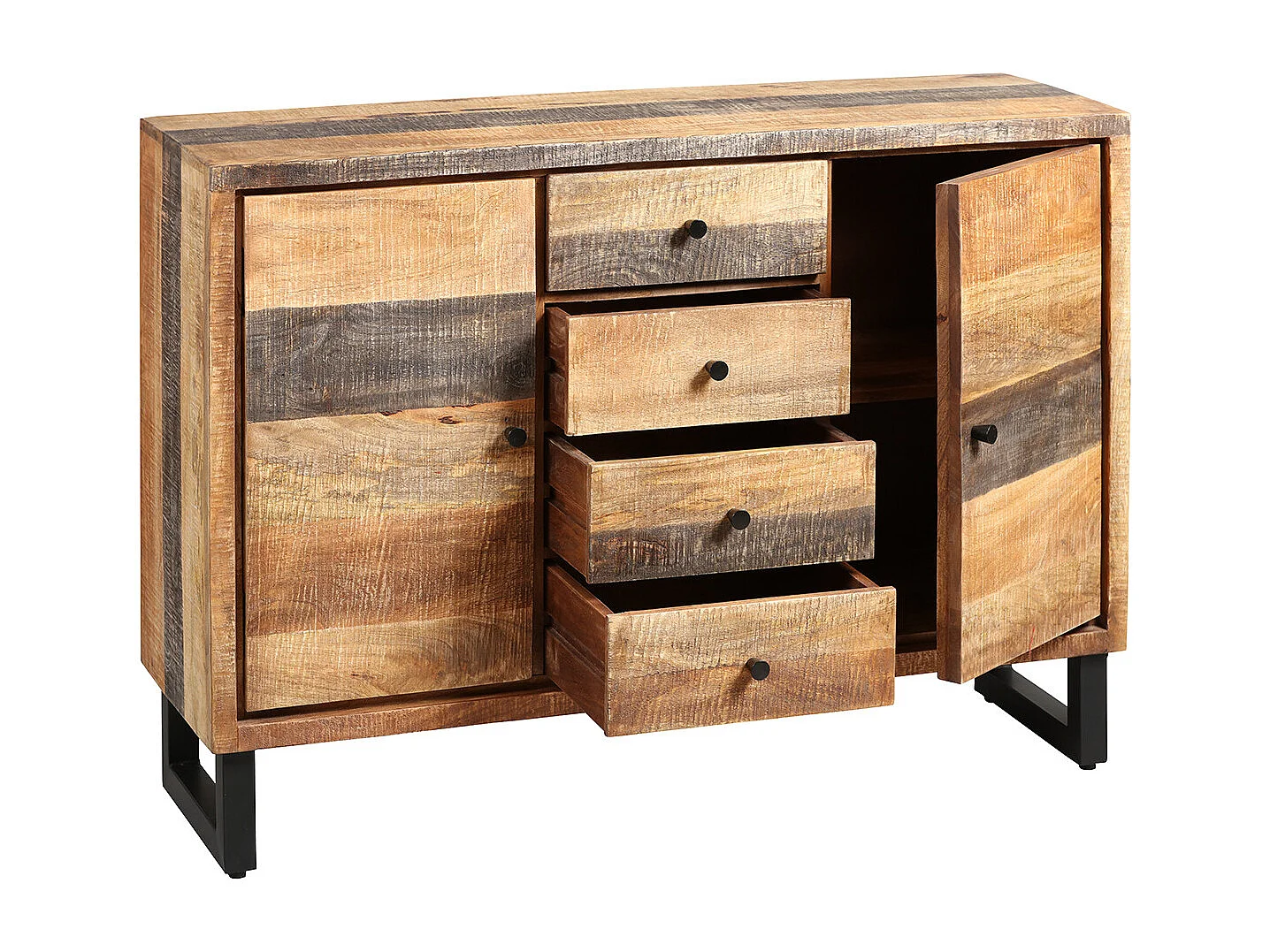 ODILON - Buffet 2 Portes 4 Tiroirs Acier et Bois Massif