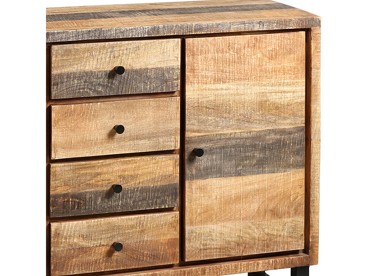 ODILON - Buffet 2 Portes 4 Tiroirs Acier et Bois Massif