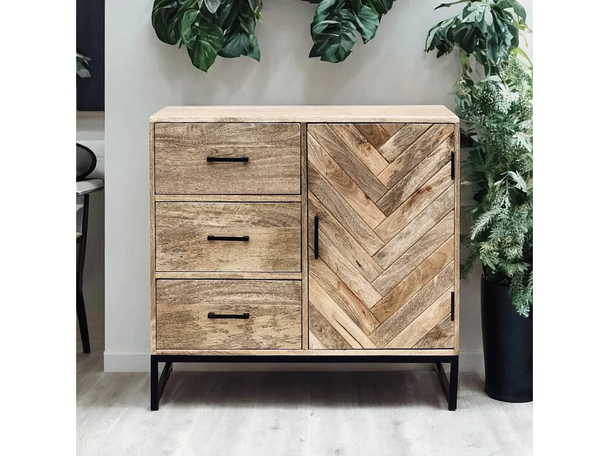 MANKO - Buffet 1 Porte 3 Tiroirs en Manguier Massif