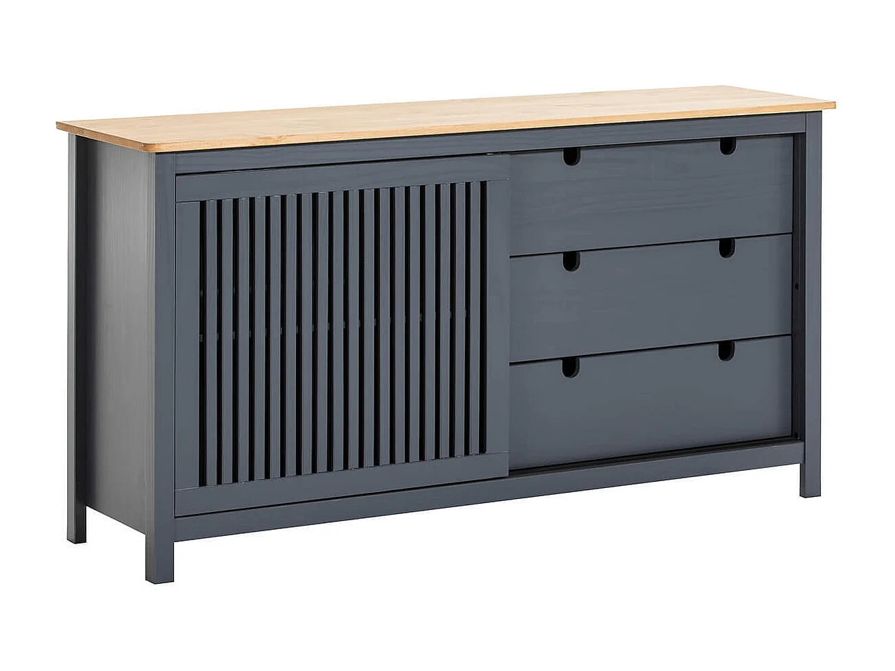MALIA - Buffet Bas 3 Tiroirs 1 Porte Coul. Bois Ciré et Gris