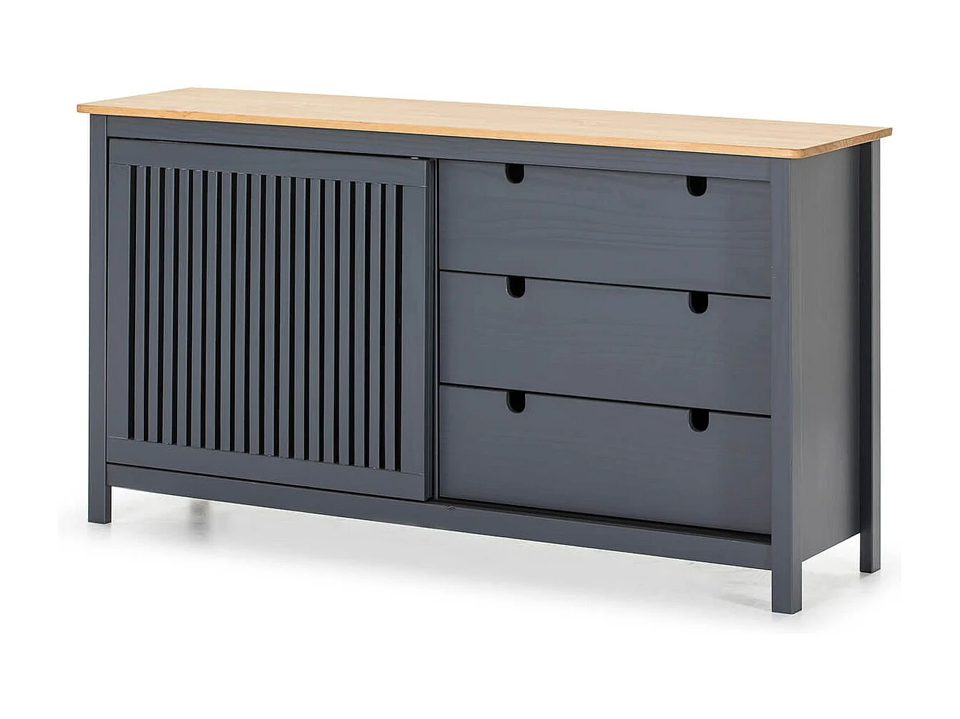 MALIA - Buffet Bas 3 Tiroirs 1 Porte Coul. Bois Ciré et Gris