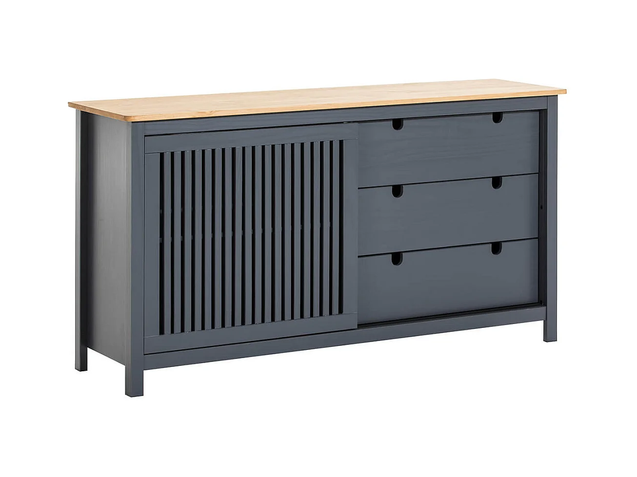 MALIA - Buffet Bas 3 Tiroirs 1 Porte Coul. Bois Ciré et Gris