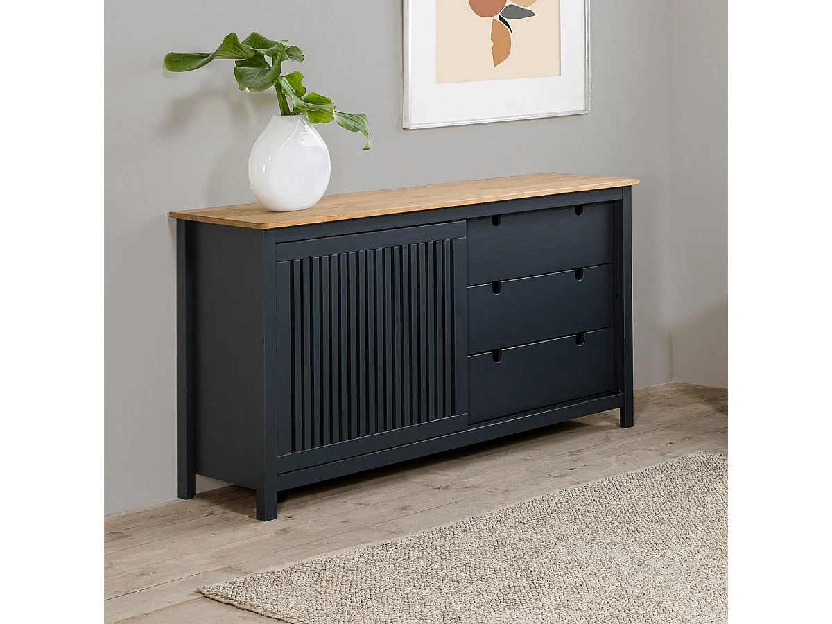 MALIA - Buffet Bas 3 Tiroirs 1 Porte Coul. Bois Ciré et Gris