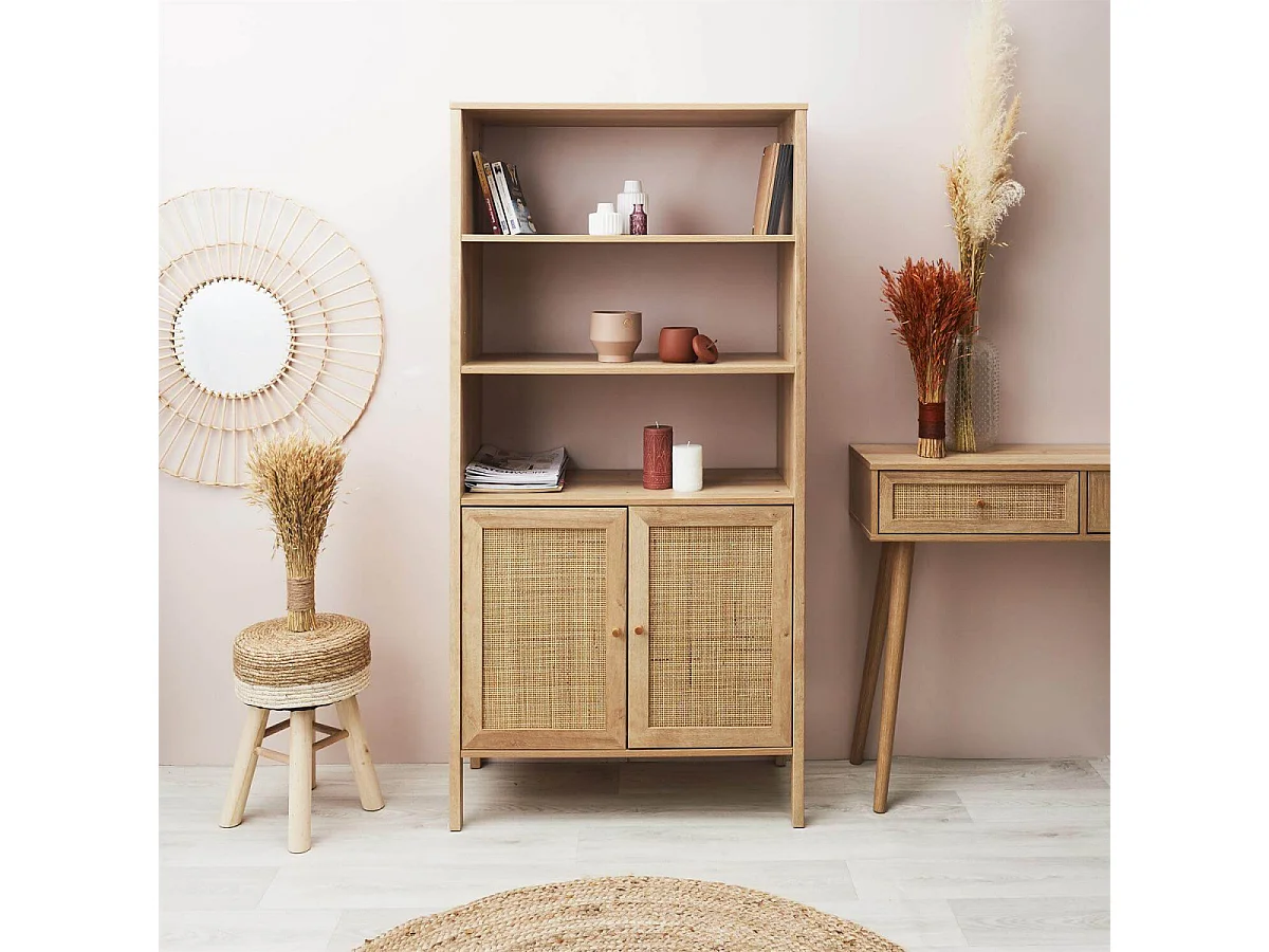 MAYA - Buffet 2 Portes Effet Bois et Façades Rotin