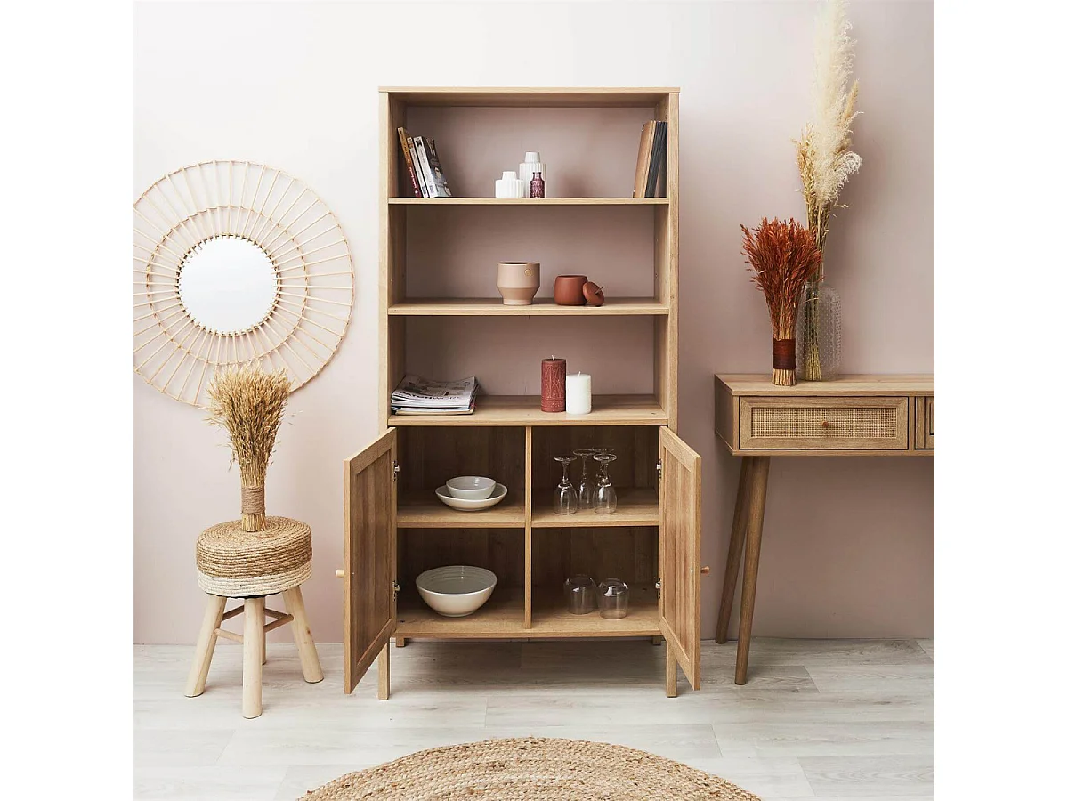 MAYA - Buffet 2 Portes Effet Bois et Façades Rotin