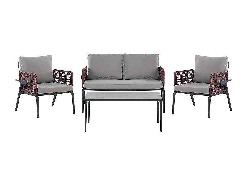 Loungeset Aluminium schwarz Flechtseil burgunderrot 4-Sitzer Kissen grau Sciacca