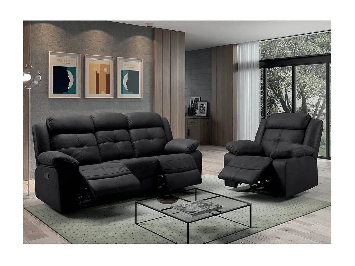 FABARES - Canapé Relax Manuel 3 Places Gris