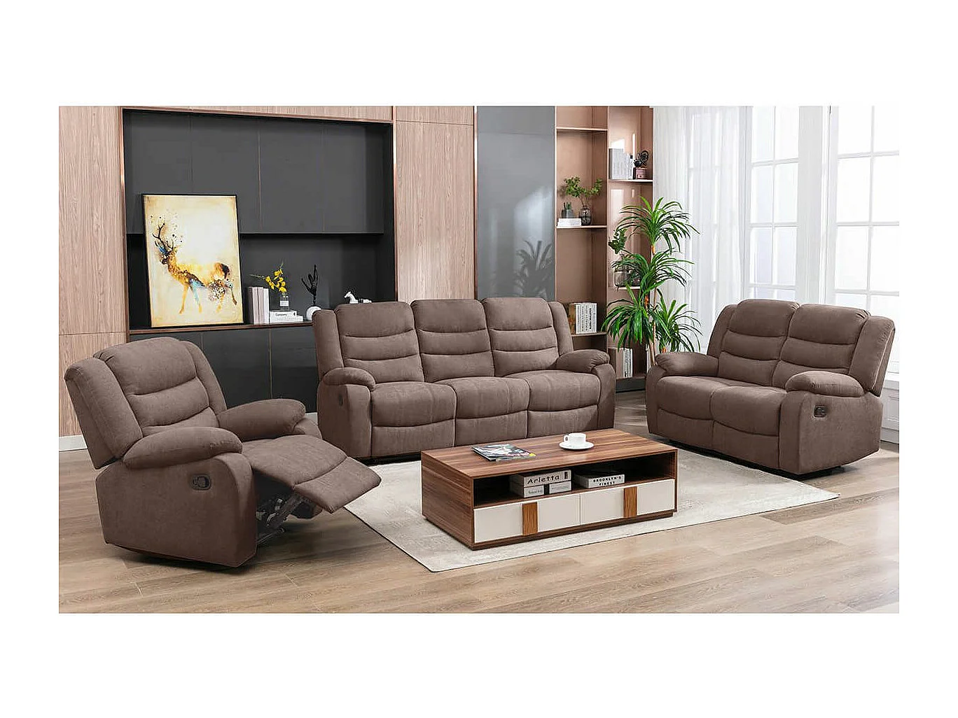 PHOENIX - Canapé Relax Manuel 3 Places Tissu Marron