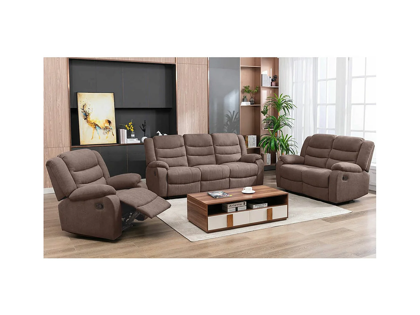 PHOENIX - Canapé Relax Manuel 3 Places Tissu Marron