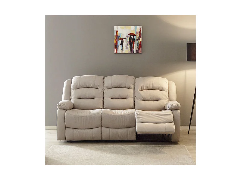 JANS - Canapé Relax Manuel 3 Places Tissu Beige