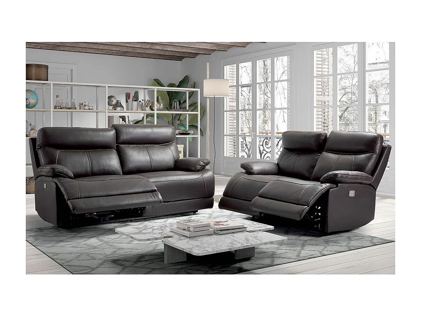 CORDOUE - Canapé Relax Electrique 2 Places Cuir Marron