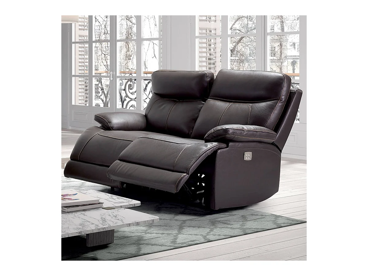 CORDOUE - Canapé Relax Electrique 2 Places Cuir Marron