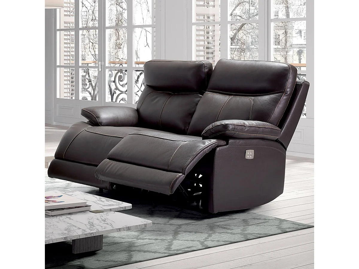 CORDOUE - Canapé Relax Electrique 2 Places Cuir Marron