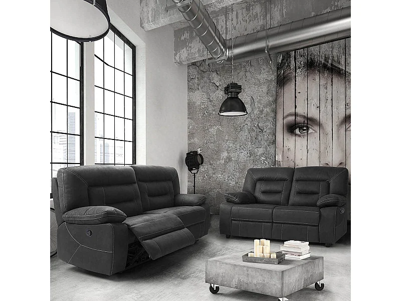 ALMERIA - Canapé Relax Manuel 3 Places Gris Foncé