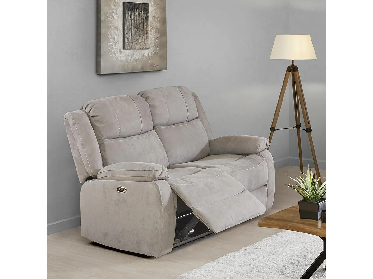 LORYS - Canapé Relax Electrique 2 Places Tissu Gris Clair