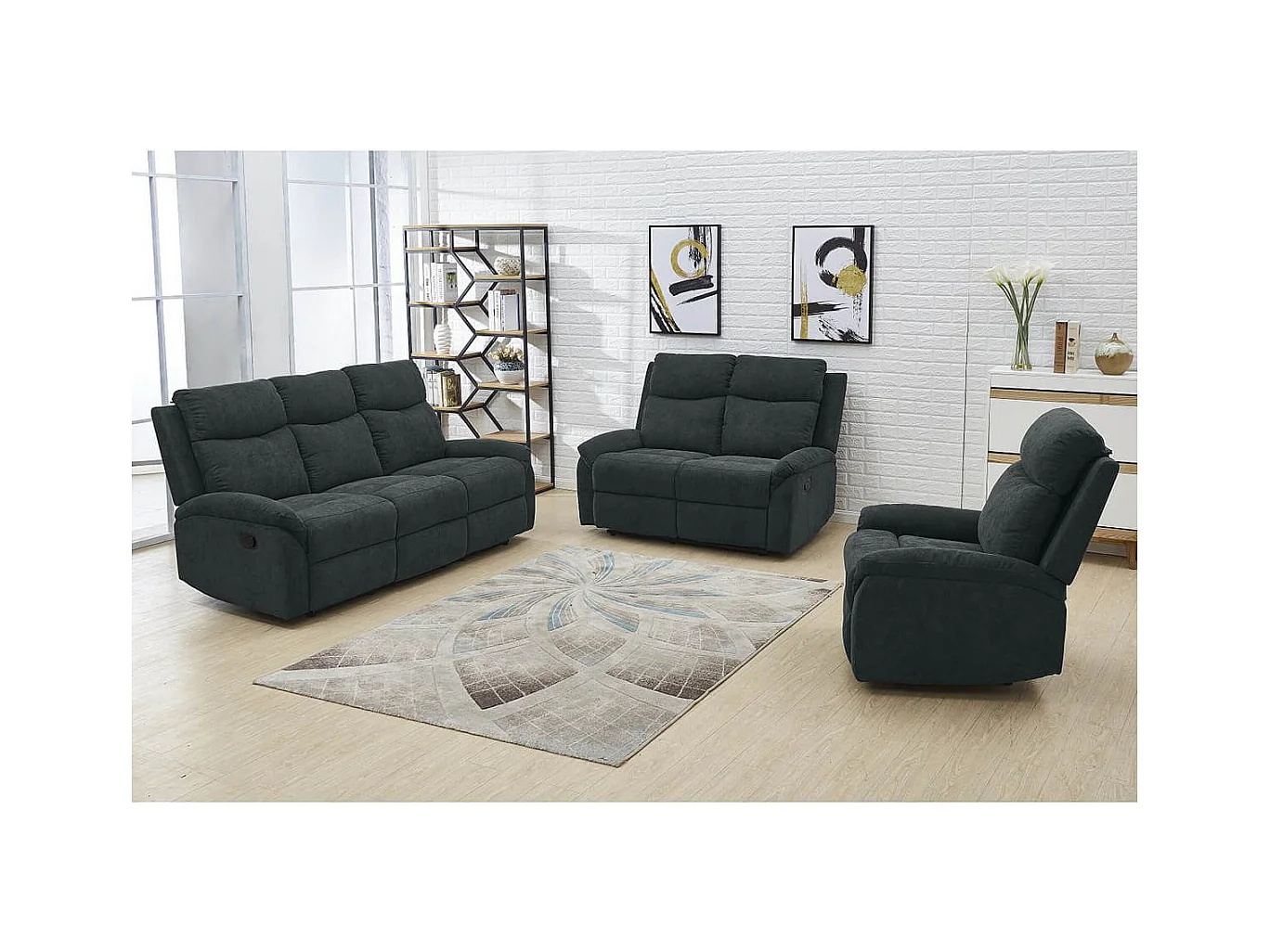 SACRAMENTO - Canapé Relax Manuel 3 Places Tissu Gris Foncé