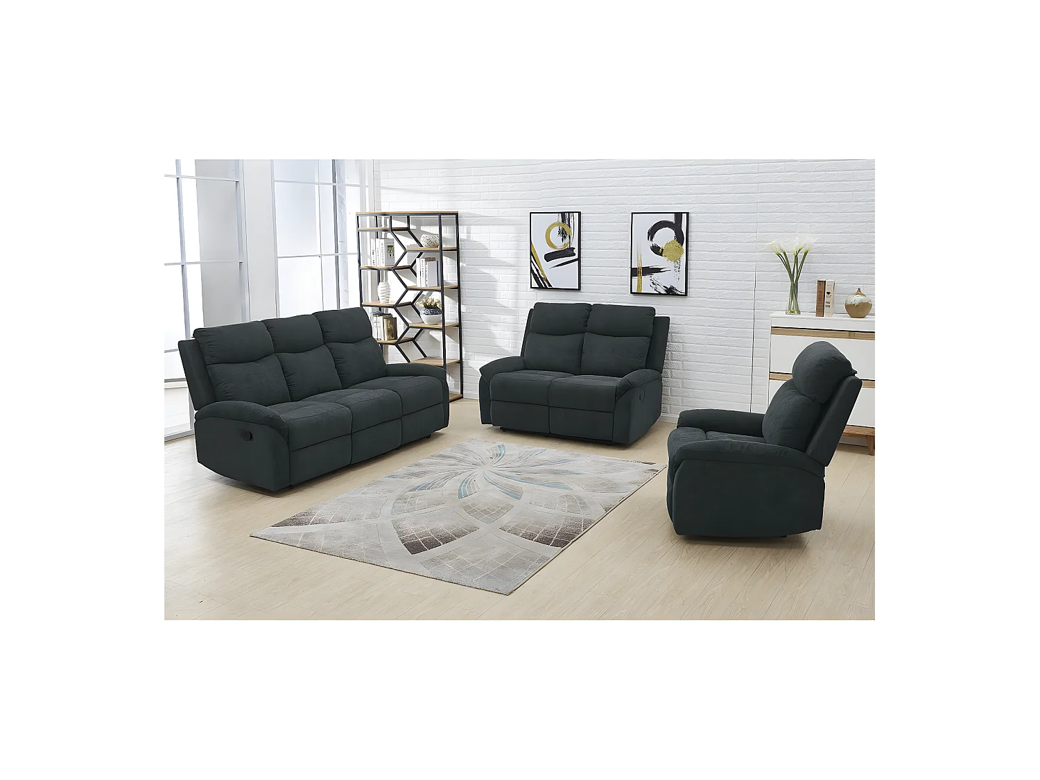 SACRAMENTO - Canapé Relax Manuel 3 Places Tissu Gris Foncé