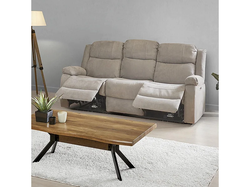 LORYS - Canapé Relax Electrique 3 Places Tissu Gris Clair