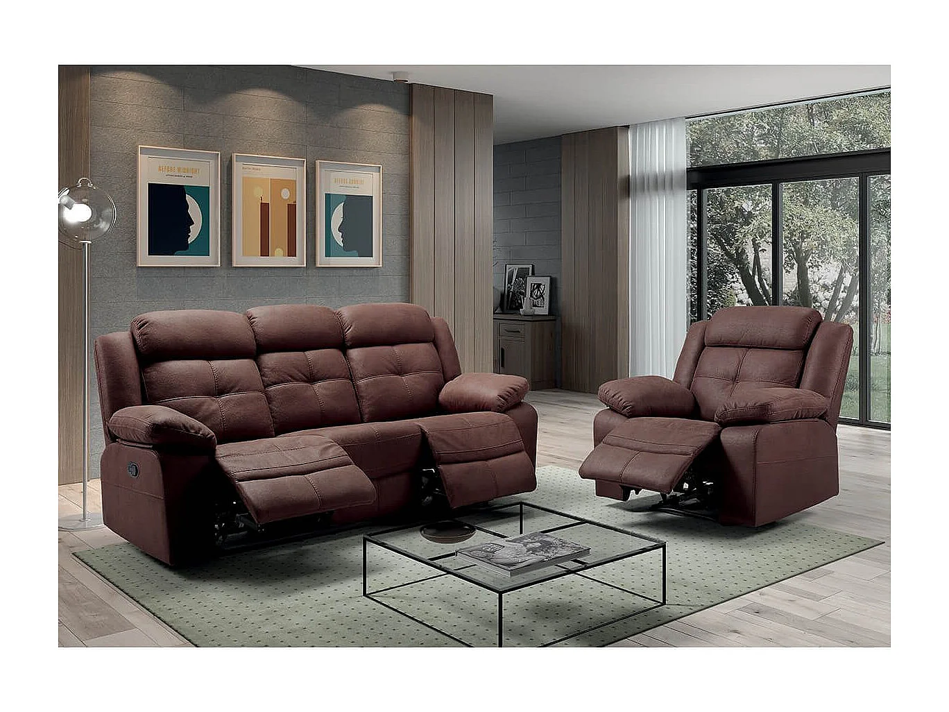 FABARES - Canapé Relax Manuel 3 Places Chocolat