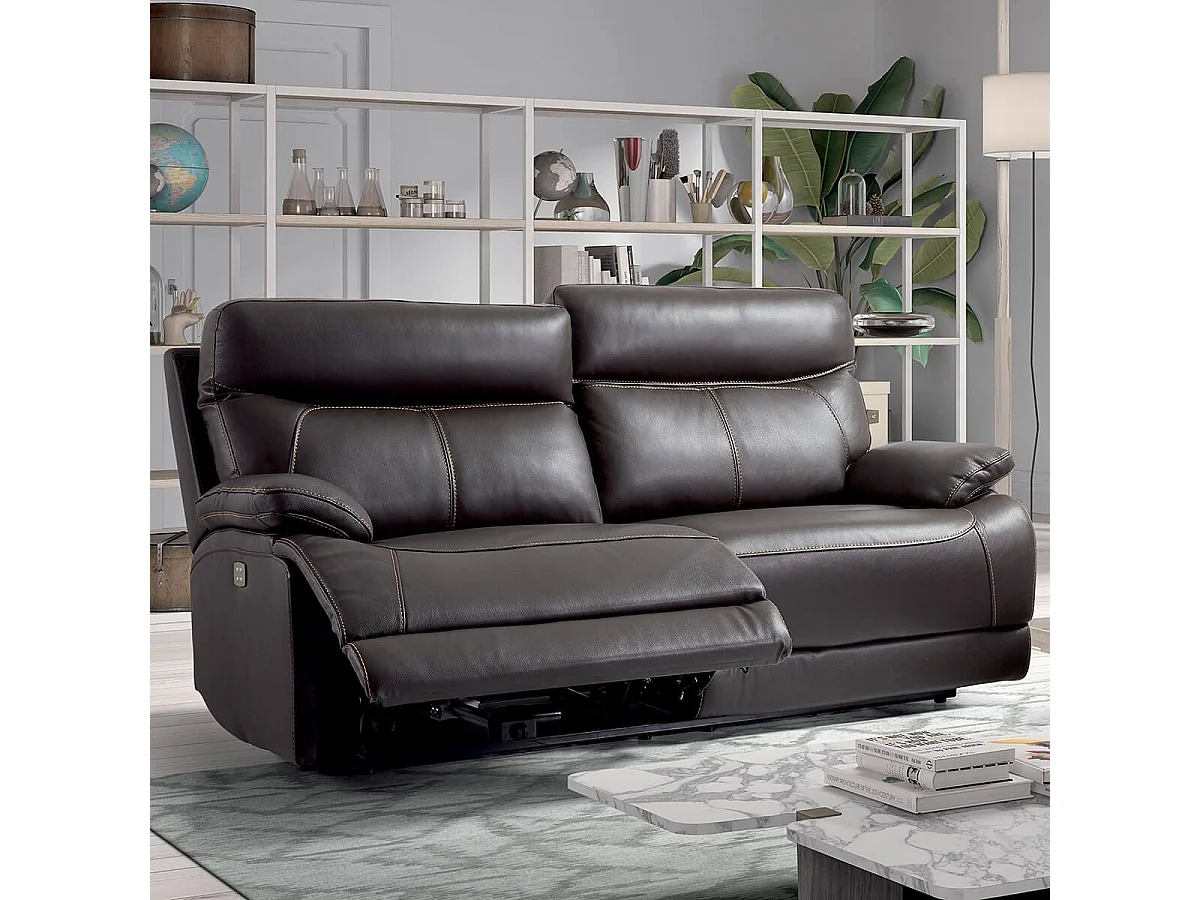 CORDOUE - Canapé Relax Electrique 3 Places Cuir Marron