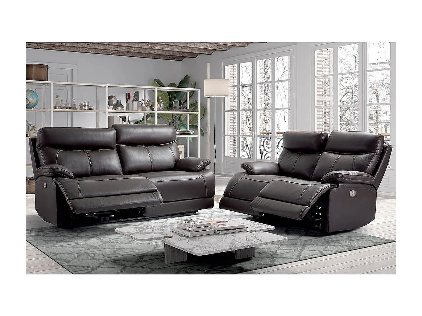 CORDOUE - Canapé Relax Electrique 3 Places Cuir Marron