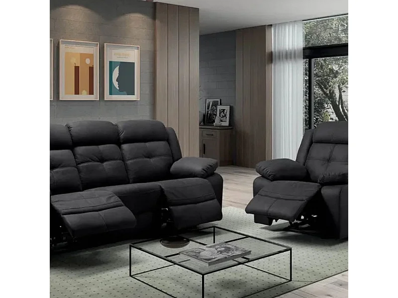 FABARES - Canapé 3 Places + Fauteuil Relax Manuel Gris