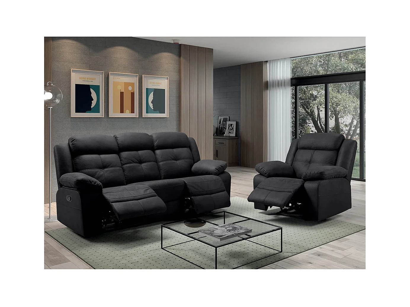 FABARES - Canapé 3 Places + Fauteuil Relax Manuel Gris