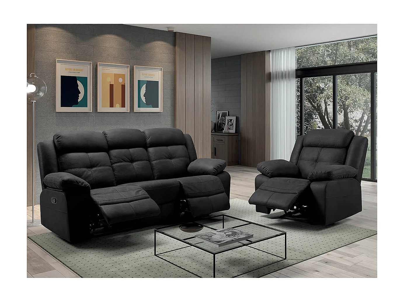 FABARES - Canapé 3 Places + Fauteuil Relax Manuel Gris