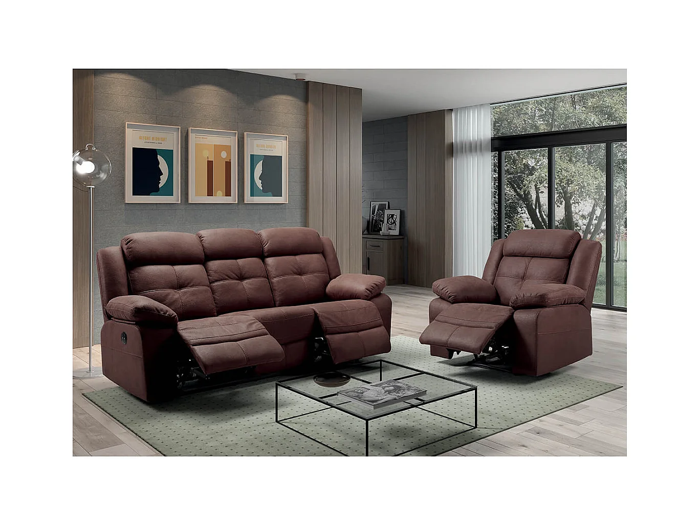 FABARES - Canapé 3 Places + Fauteuil Relax Electrique Chocolat