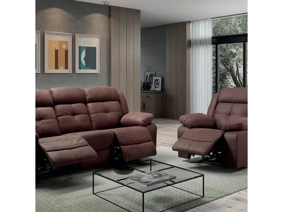 FABARES - Canapé 3 Places + Fauteuil Relax Manuel Chocolat