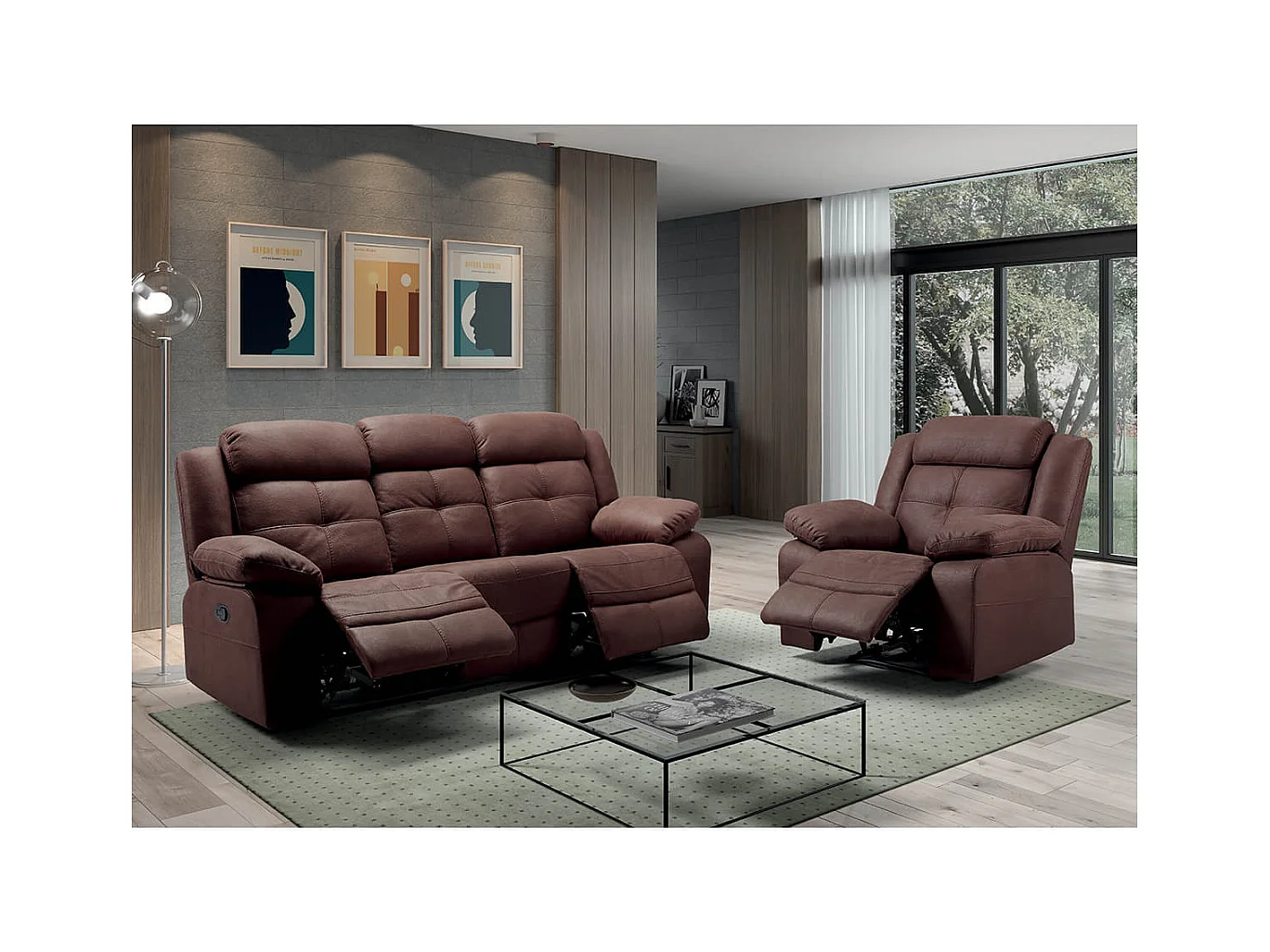 FABARES - Canapé 3 Places + Fauteuil Relax Manuel Chocolat