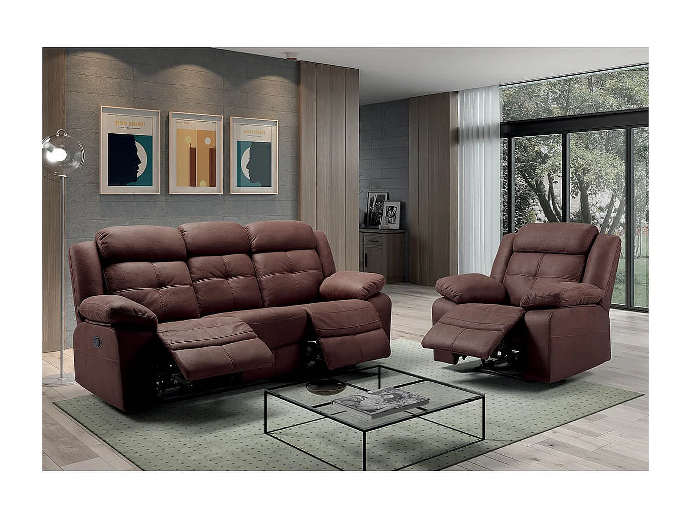 FABARES - Canapé 3 Places + Fauteuil Relax Manuel Chocolat