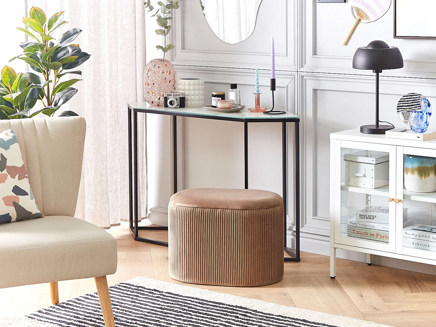 Pouf mit Stauraum RICHLAND Samtstoff Beige 55 cm 35 cm 41 cm