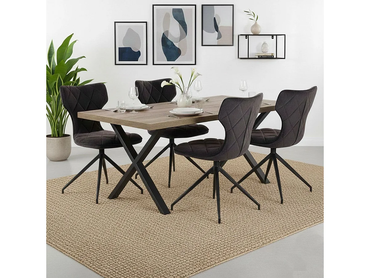 STYK - Lot de 6 Chaises Tissu Grises Surpiqures Carreaux