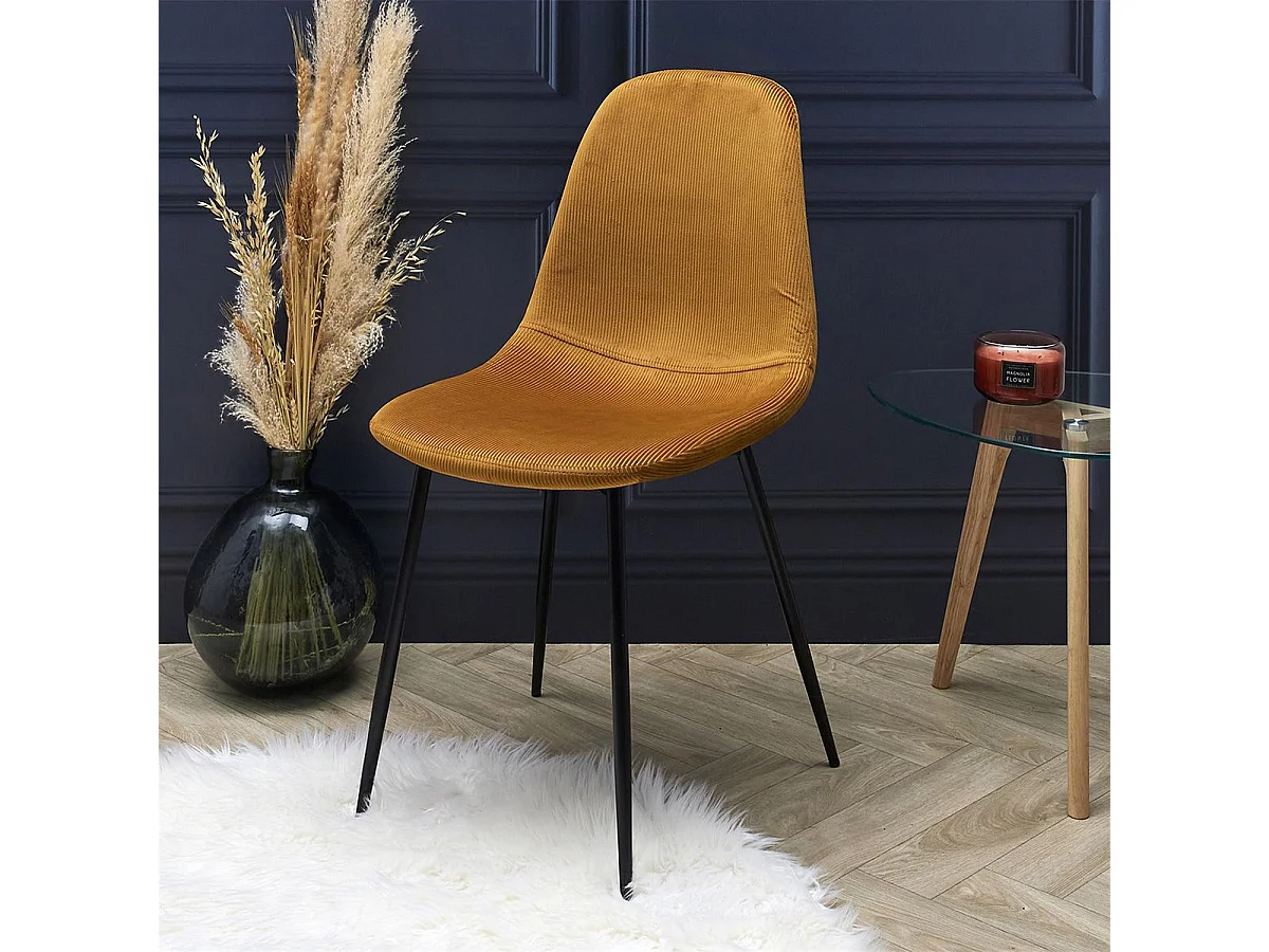 ALESSIA - Lot de 4 Chaises Velours Côtelé Jaune Moutarde