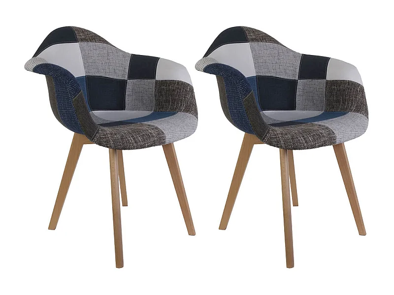 DAMAS - Lot de 2 Fauteuils Patchwork Bleu et Gris