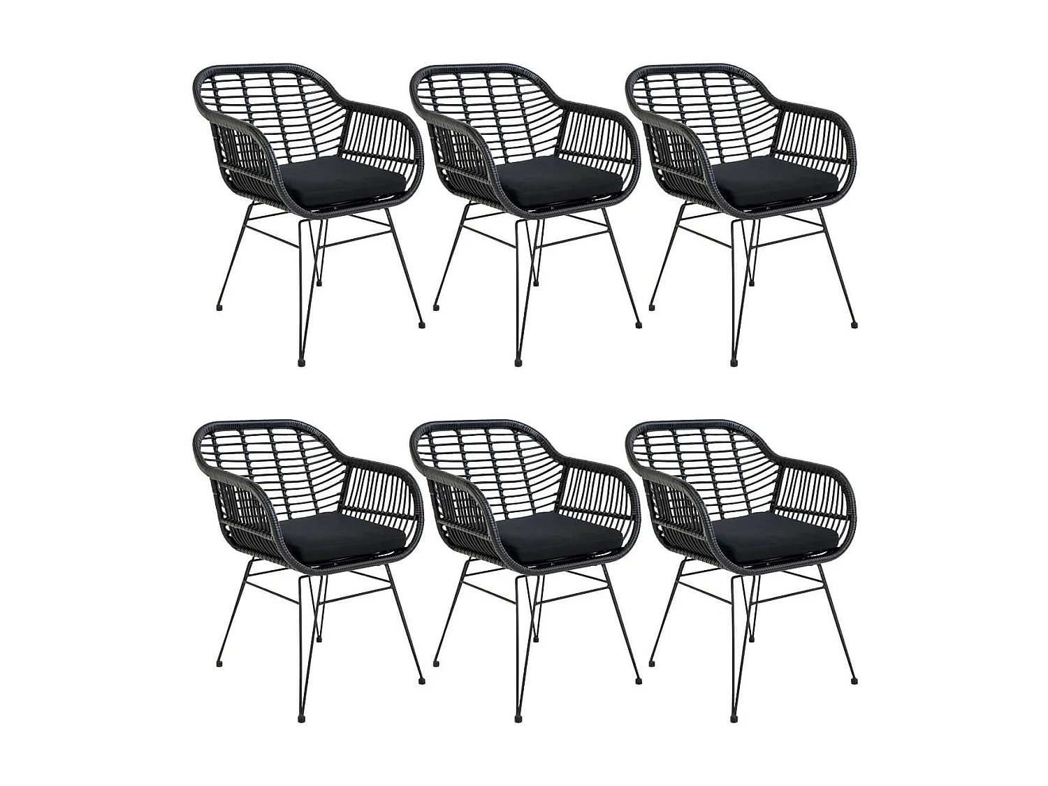 PILA - Lot de 6 Fauteuils Rotin Synthétique Noir et Pieds Acier