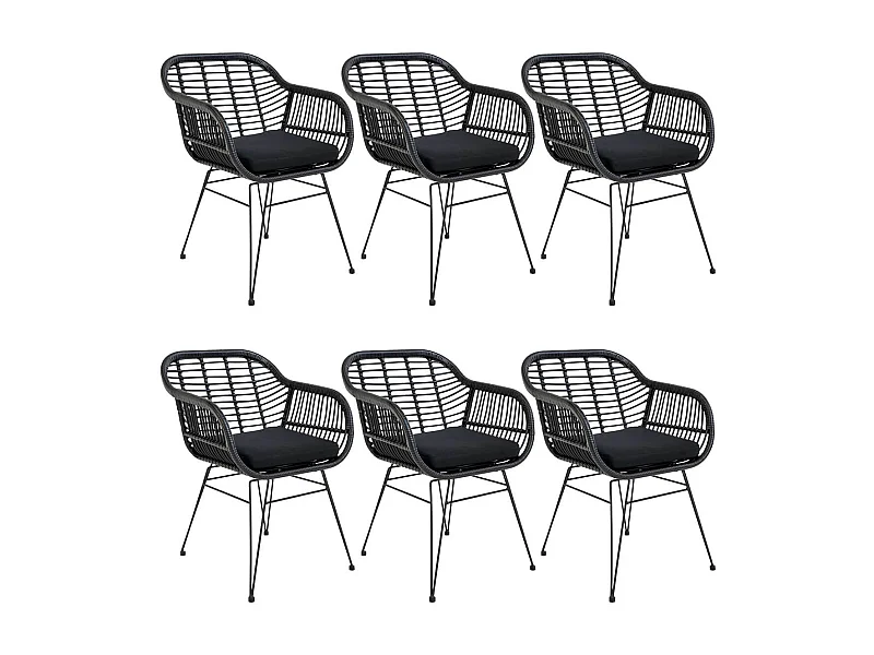 PILA - Lot de 6 Fauteuils Rotin Synthétique Noir et Pieds Acier