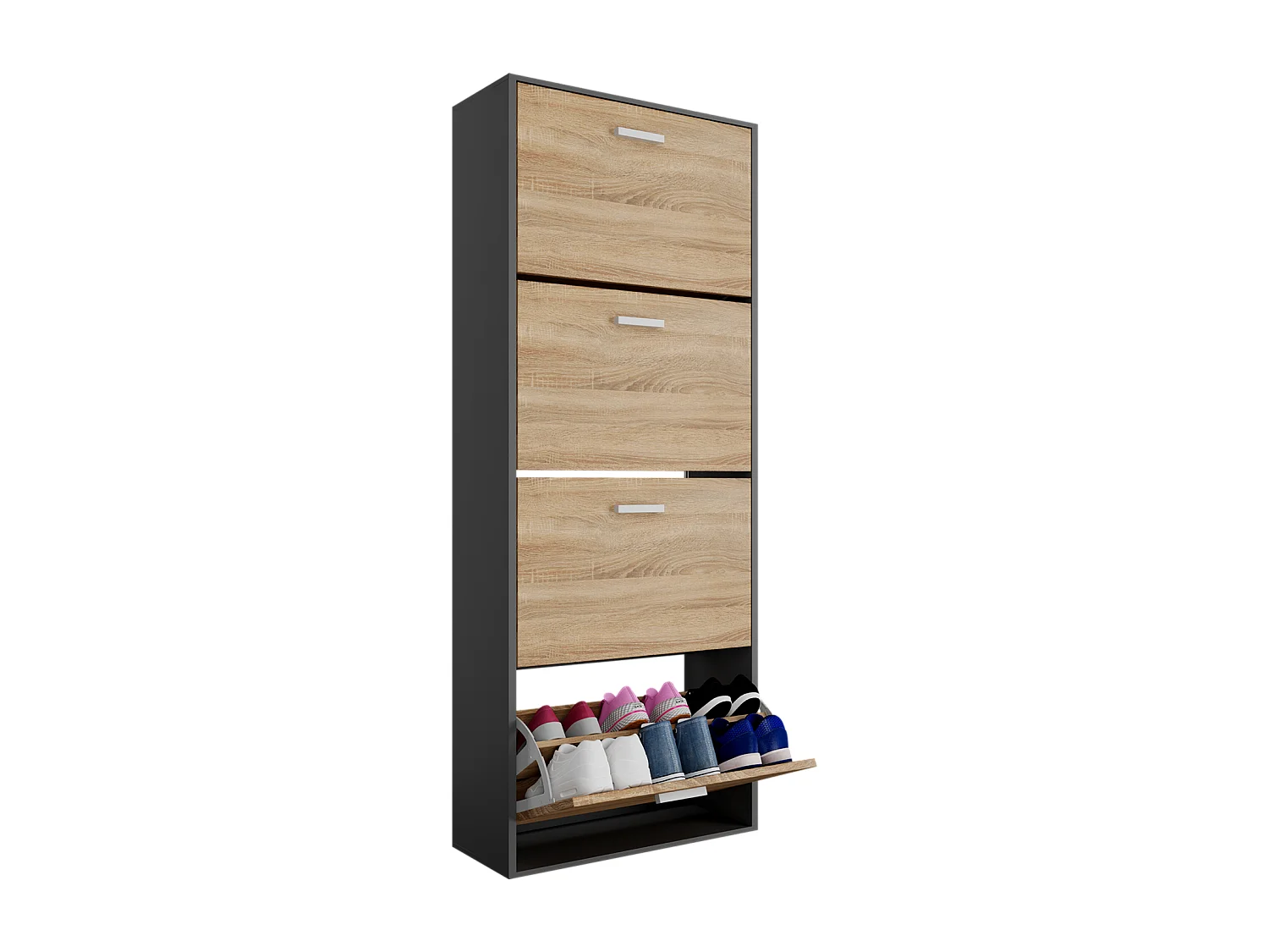 CASABEL Meuble Rangement Chaussure 24 Paires - Pour Entree Couloir - 60x24x150 cm - Noir Bois Clair